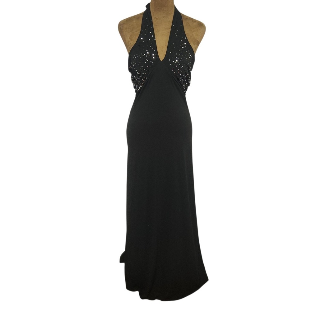Y2K Halter Dress BCX Size S Black Maxi Beaded Sequins Stretch Whimsigoth Formal
